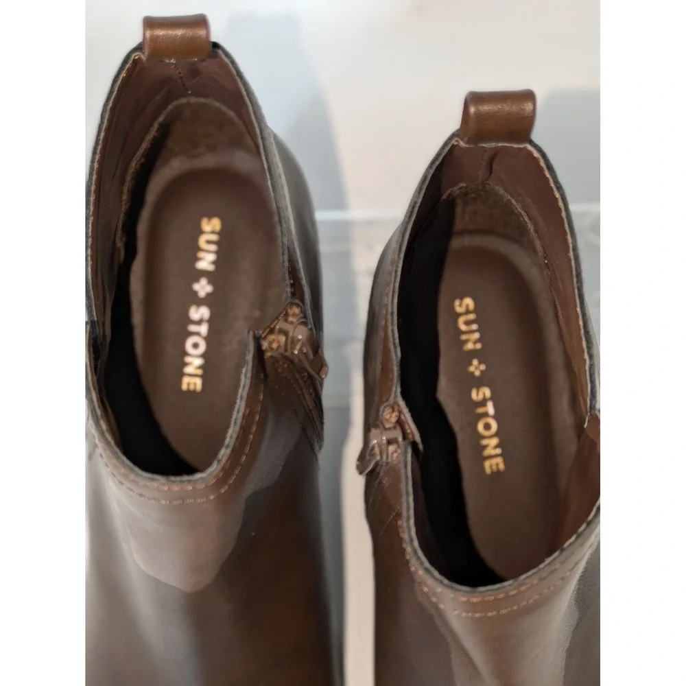 Sun + Stone Women's Size 9 Brown Ankle Boots Side Zip Low Heel Booties